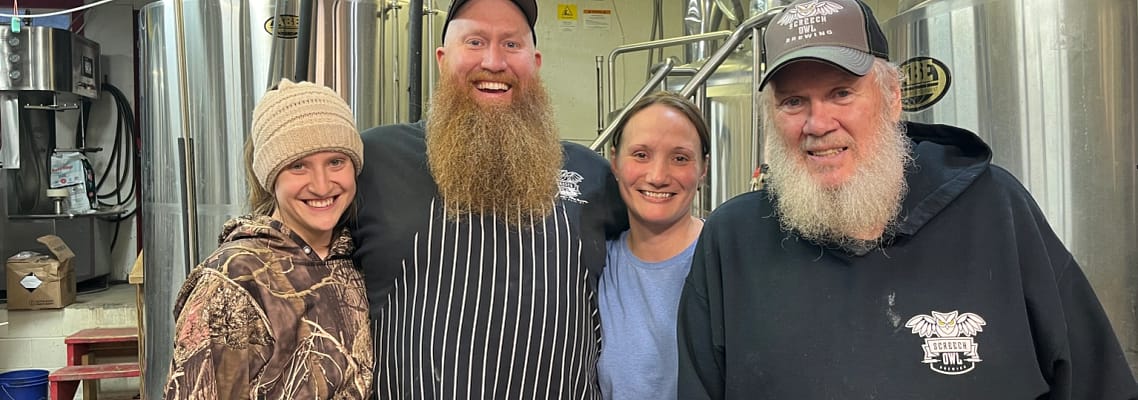 Speech Owl's beer making team includes (L to R) Harley Miers, and Jameson, Kristin, and Roger Johnson. Screech Owl Brewing photo.